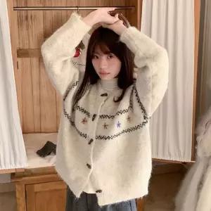 데이지 플라워자수 포엠 포인트 가디건 니트 패션 여성 카디건