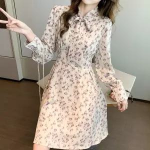 예쁜 실루엣 브이넥 플라워 패턴 옆지퍼 리본원피스쉬폰 꽃원피스 프릴 무늬 롱원피스 랩원피스 쉬폰