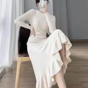 니트 골지 레이스 롱원피스 NM-0199하객룩패션 예식장복장 연말모임 데이트 크리스마스여행 여성스러운 코