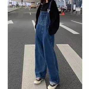 와이드핏 진청 여성 M~XL 청 바지 멜빵 데님 통바지 캐주얼멜빵바지 데일리멜빵바지 와이드데님바지