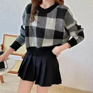 크롭 체크패턴 니트 2color DK-0489데일리 하이틴 루즈핏 겨울코디 여친룩 가을 여성