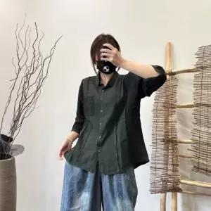 손오공 여친 빈티지 봄 캐주얼 루즈핏롱 포켓 상의 린넨 데일리룩 칼라 칠부 셔츠 KUK1