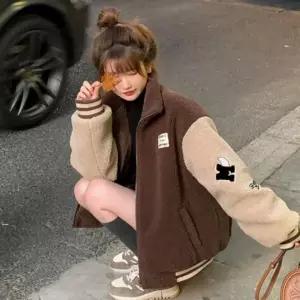 겨울철보온용 양털 배색 야구 점퍼 집업 아우터