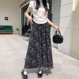 롱 스커트 블랙 밴딩 데일리 캐주얼 쉬폰 패턴