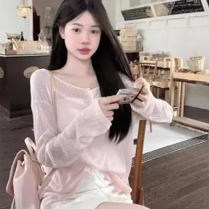 비치룩 커버업 백스트랩 뒷모습이 예쁜 시스루 루즈핏 티셔츠반팔니트 쿨니트 라운드 배색 팔니트 시원한