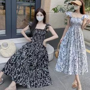 여자 플라워 패턴 스모크 스퀘어넥 원피스 URK-489여성 롱원피스 패션