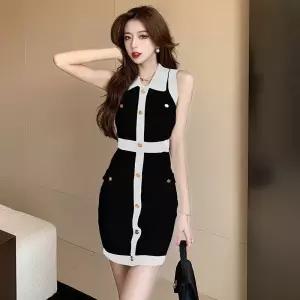 포뇨 여성 니트 원피스 여름 터틀넥 힙업 민소매 스커트 OPH1