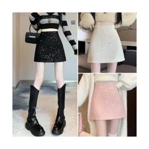 피콜로 여자 데일리룩 스커트 정장 모직 스팽글 봄가을 A라인 힙 울 미니 KUK1