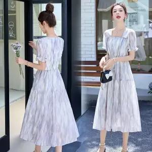 피콜로 여자 데일리룩 원피스 롱 벌룬 스퀘어넥 여름 슬림핏 프렌치 스커트 KUK2