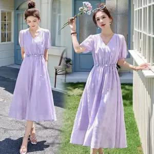 피콜로 여자 데일리룩 원피스 롱 프렌치 브이넥 퍼프 여름핏 슬림핏 예쁜 스커트 KUK2