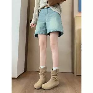 야무치 데님 여성 라운드토우 속가보시 카키워커 웨지힐 진가죽 앵클부츠 데일리룩 워커힐 신발 KUK5