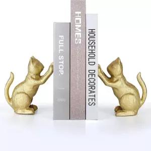 앰비폴라 럭키 고양이 장식 북엔드 헤비 듀티 주철 빈티지 선반 골드 T3-66