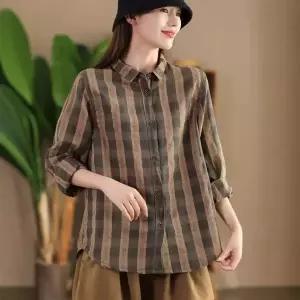 여자셔츠 블라우스 셔츠 캐주얼 봄가을 상의 스트라이프 루즈핏 빈티지 린넨 심쿵마켓