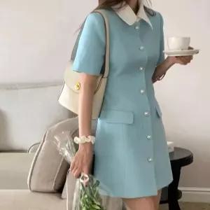 배색 카라 셔츠원피스 단추 하객룩 데이트 클래식 미니 반팔버튼원피스 하객 베이직 캐주얼 데일리 여성