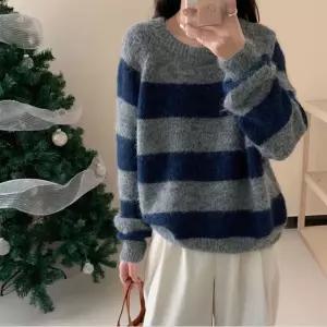 3칼라 스트라이프 긴팔 니트티 스웨터 여성상의