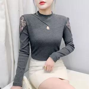 여성티셔츠 봄 라운드 배색 펀칭 이너 니트 솔리드 긴팔 심플 티셔츠 심쿵해외구매