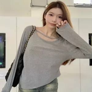 여성 언발 셔링 컷팅 디테일 무지 긴팔 티셔츠스판 면티셔츠 스트링