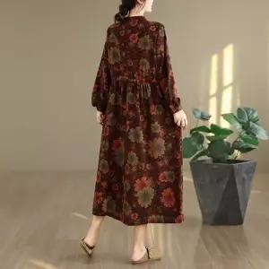 EAMT 원피스 여성용 가을 빈티지 슬림핏 면마 프린트 A라인 롱스커트 스트링 브이넥 긴팔 YJ3