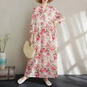 EAMT 원피스 여친 빈티지 캐주얼 조추 면마 프린트 긴팔 YJ3