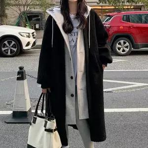 여성 뽀글이 후리스 후드 블랙 롱 코트 겨울 아우터 뽀이 양털 여자 드코트