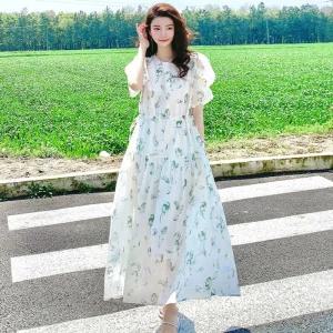 여성 체형커버 퍼프소매 A라인 쉬폰 롱 원피스셔링 공주룩 가을 레이스 카라 주름 플리츠 쉬원피스 플라워