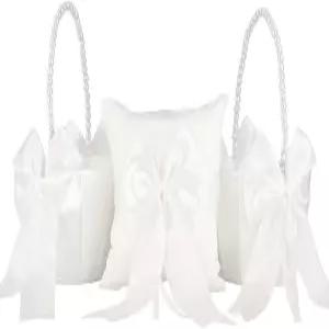 우아한 반지 베개와 진주 손잡이가 달린 꽃받침 바구니 세트 3개 로맨틱한 결혼식을 위한 흰색 리본으로