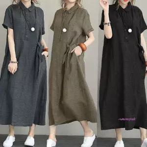 여성은창원피스 루즈핏 여름 치마 롱원피스 카라 린넨 퍼프 돌잔치엄마베 반팔 빅사이즈fgh254