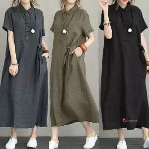 여성은창원피스 여름 치마 카라 린넨 롱원피스 루즈핏 빅사이즈 돌잔치엄마베 반팔 퍼프vwx104