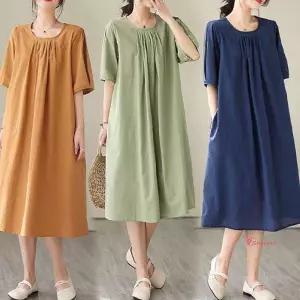 여성은창원피스 셔링 무드 넥라인 치마 여름 컬러 면혼방 루즈핏 빅사이즈 면여름 반팔 롱원피스 퍼프yza54