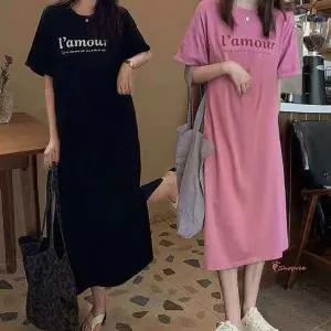 여성외출복원피스 롱기장 밑단 홈웨어겸용 트임 니트 롱원피스 미디 프릴 반팔yza443