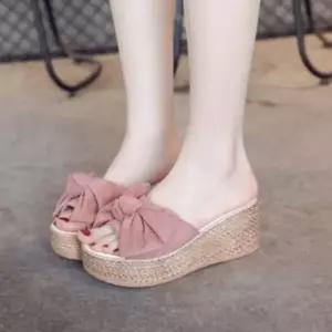 여성용 통굽 리본장식 슬리퍼 샌들 실내화 7cm 여성 사무용 리본
