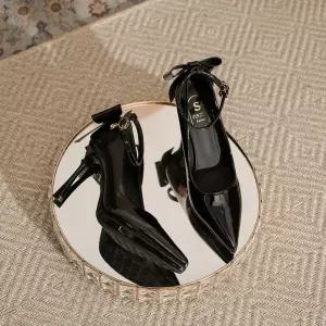 EAMT 여자 하이힐 프렌치 에나멜 가보시 힐 스틸레토 펌프스 뒷리본 발에 무리가 가지 않음 YJ5