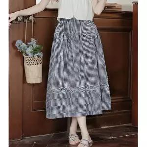 율랑팡 여성 A라인 스트라이프 빈티지 체크 스커트 여름 허리밴딩 슬림핏 중기장 HO2