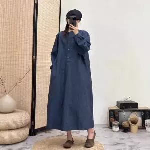 스파이더맨 스커트 원피스 여성 가을 긴팔 빅 A라인 차이나넥 중기장 솔리드 OPH3