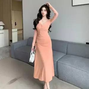 스파이더맨 여성 치마 원피스 분홍 가을 슬림핏 롱스커트 긴팔 스퀘어넥 OPH3