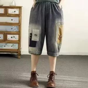 EAMT 여성 청 여름 캐주얼 패치 밴딩 워싱 반 순면 허리 청반바지 5부 EUNG2