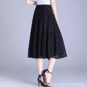 EAMT 여름 스커트 여성 망사 펀칭 레이스 슬림핏 하이웨스트 A라인 쉬폰 EUNG2