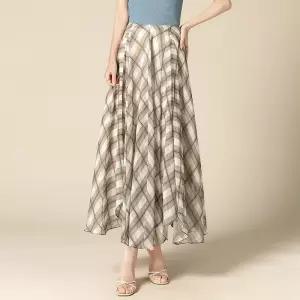 EAMT 여친 치마 롱 망사 하계 허리밴딩 슬림핏 A라인 기장 쉬폰 체크 EUNG2