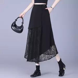 EAMT 블랙 치마 여자 롱 여름 레이스 슬림핏 언밸런스 쉬폰 EUNG2