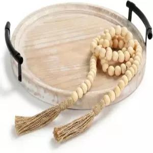 구슬 화환이 있는 장식용 원형 트레이 13인치 화이트 워싱 농가 커피 테이블 중앙피스 주방 아일랜드 및