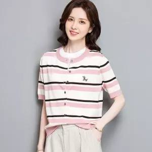 여자 니트 여름 쿨링 티 카디건 자수 캐릭터 쇼트 프린트티 반팔 상의 스트라이프 OP2