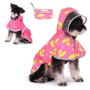 쿨테일 개 비옷, 리버서블 애완동물 비옷 클리어 후드 더블 레이어, 간편한 보관 포켓, 조절 가능한 방수 및 방풍 반사 강아지 폰초, 소형 중형견용 목줄 구멍,