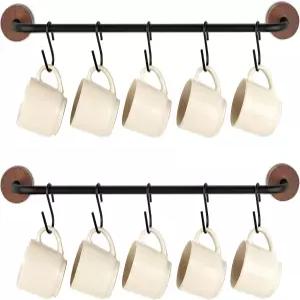 Mkono 머그 홀더 벽걸이 랙 금속 커피 컵 10개의 후크가 있는 소박한 식기 보관 정리함 주방 다이닝 룸 바