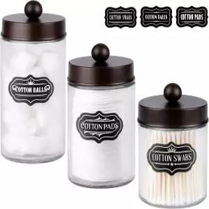 약사 병 3팩 - 스테인리스 뚜껑이 있는 유리 욕실 용기 소박한 농가 장식 액세서리 큐팁/코튼 볼용 베니티