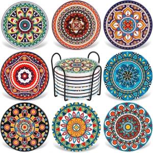 음료용 컵받침 나무 테이블용 흡수석 8개 세트 코르크 베이스의 만다라 세라믹 집들이 생일 및 가족을 위한