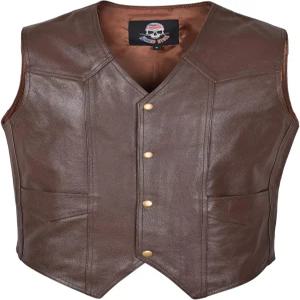 위키드 스톡 남성용 브라운 가죽 오토바이 조끼 - 민소매 브이넥 43.5인치 포켓 5개 가을/겨울