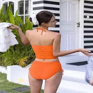 수피 여성용 하계 미니가슴 홀터넥 비치웨어 수영복 분체 바캉스룩 솔리드 스트링 삼각 튜브탑 JEN2