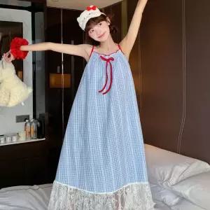 수피 치마 롱 캐주얼 하계 잠옷세트 레이스 끈 잠옷 슬립 패드 커플 체크 JEN2