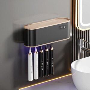 4인용 UV 칫솔 소독제 홀더 팬 건조 기능이 있는 욕실용 벽걸이 USB 충전식 및 살균기, 드릴 설치 없음, 모던 디자인 블랙
