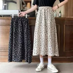 [옷은날개] 여성 a라인 허리밴딩 롱스커트 미디스커트 꽃나뭇잎